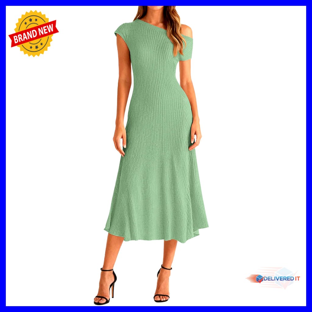 Knit Midi Dress Asymmetrical Neck Short Sleeve Pleated Swing Business Casual